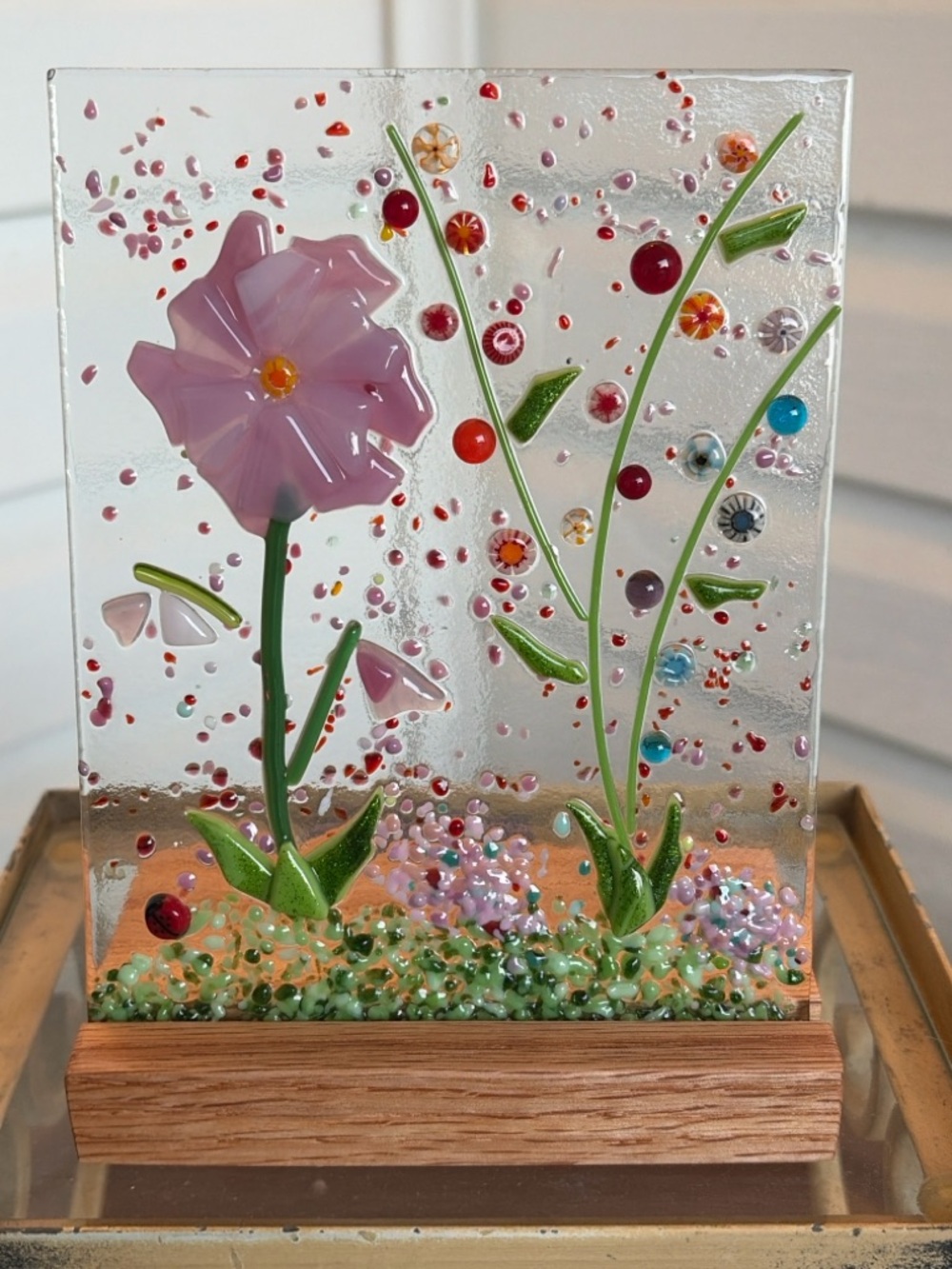 Artisan Fused Art Glass Floral Panel Pink Flower Garden Sculpture w/ Wood Stand - Picture 4 of 4